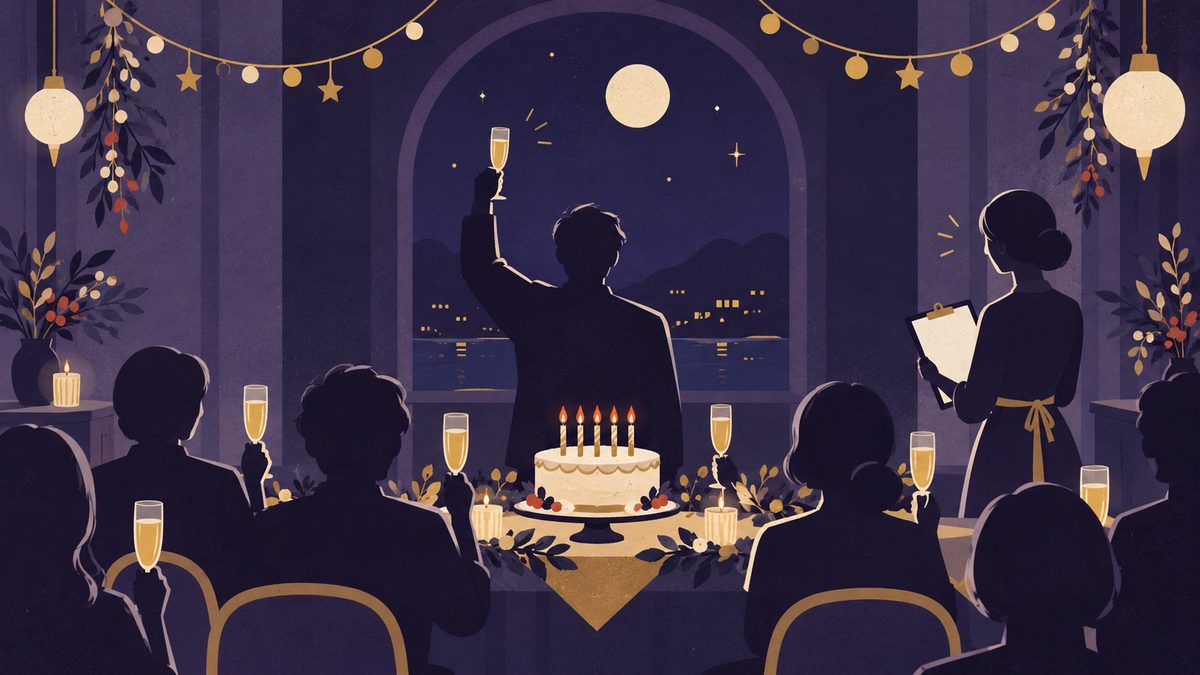友達の誕生日会を二人で企画する場面。ケーキとガーランドの飾られた部屋で、乾杯のあいさつをする人と流れを見守る人