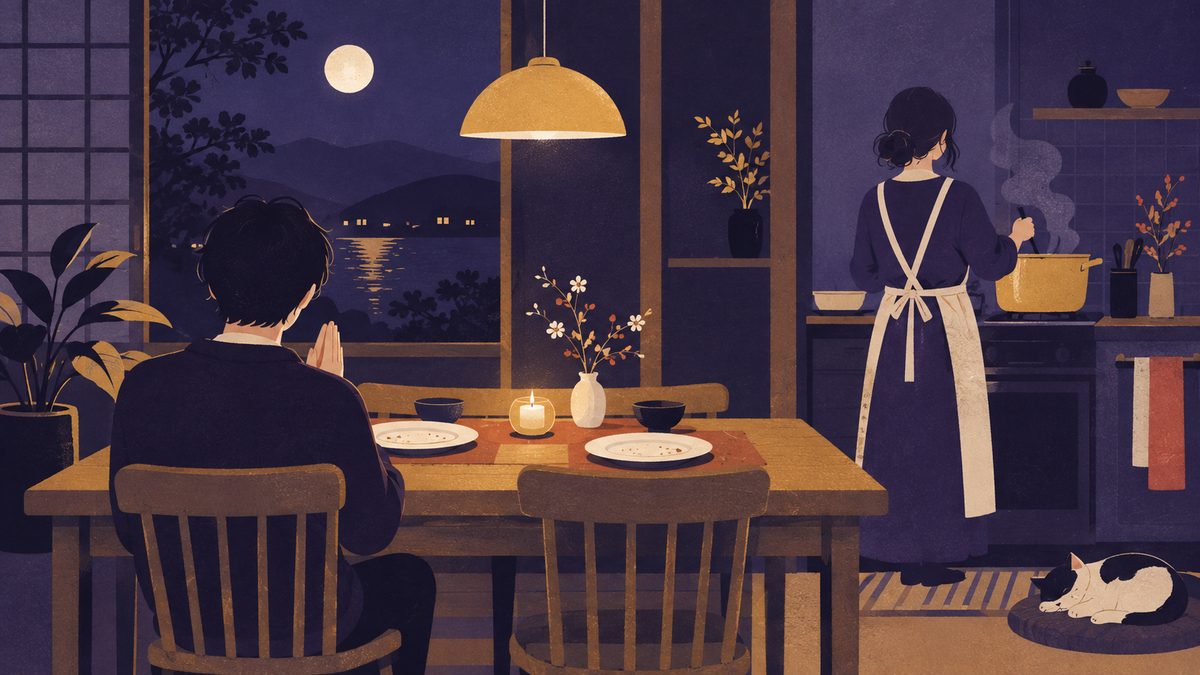 夕食のあとに「今日もおいしかった」と伝える場面。エプロン姿で台所に立つ人の後ろ姿と、食べ終わった皿の前で手を合わせる人