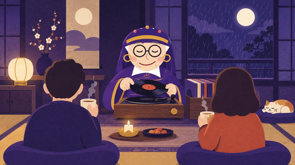 仲直りのあと、占いババアがレコードをかけ、クッションに座った二人が落ち着いた時間を過ごしている場面