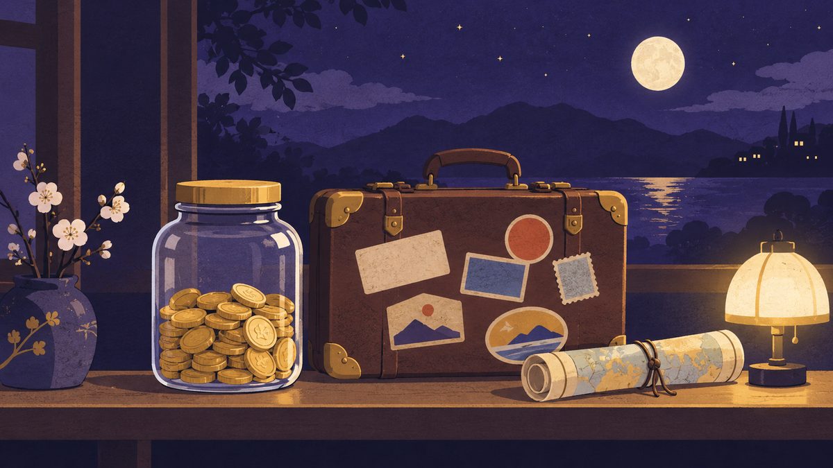 給料が入ったら先に貯金し、残りで旅行の計画を立てる場面。コインが入ったガラスびんの横に、ステッカーだらけの旅行かばんが置かれている