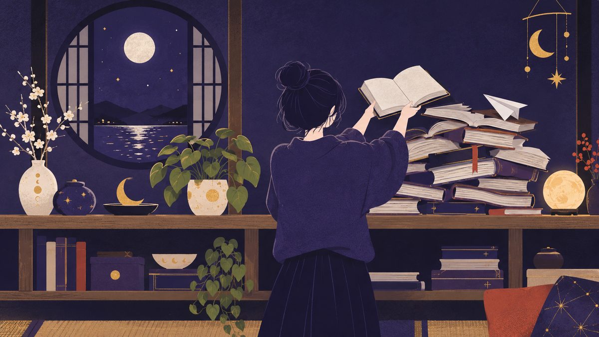 おとめ座がきれいに片づけた棚に、ふたご座が読みかけの本を積み上げていく場面。後ろ姿の人物が本を置き、棚の反対側には陶器と小さな鉢植えがきちんと並んでいる