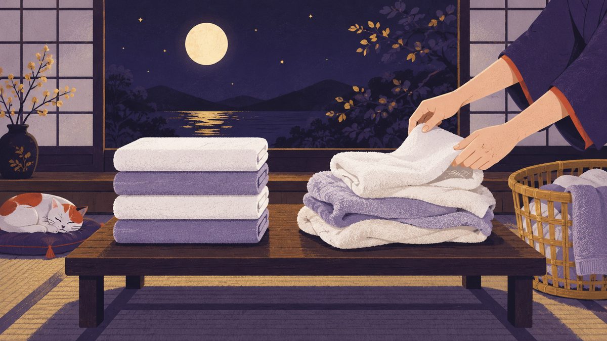 洗濯物をたたむ場面。きっちり角のそろったタオルの山と、ふんわりたたまれたタオルの山が並び、手元だけが一枚をたたみ直している