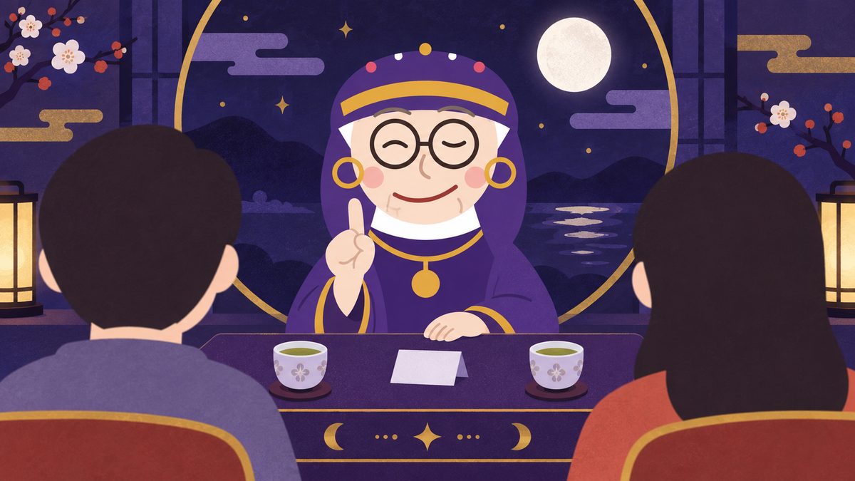 ケンカのあと、占いババアが二人のあいだに座り、人差し指を一本立てて「今日の話だけにしな」と促している場面