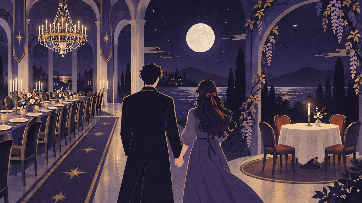 結婚式の規模で考えが分かれる場面。左はシャンデリアの下の長いテーブルと多くのいす、右はろうそく1本の小さな丸テーブル