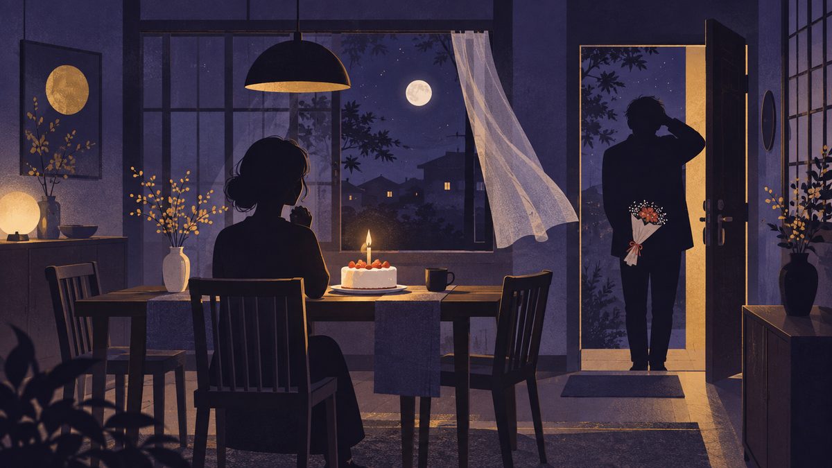 記念日を忘れたみずがめ座が「ごめん」と帰ってくる場面。ろうそくの立ったケーキがあるテーブルの横に一人が座り、玄関から小さな花束を持ったもう一人が入ってくる