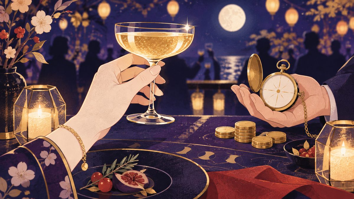 同じ飲み会で、しし座は乾杯のあいさつ、やぎ座は会計と終電を気にしている場面。手前に掲げられたグラス、奥のテーブルの上で懐中時計と小銭を持つ手
