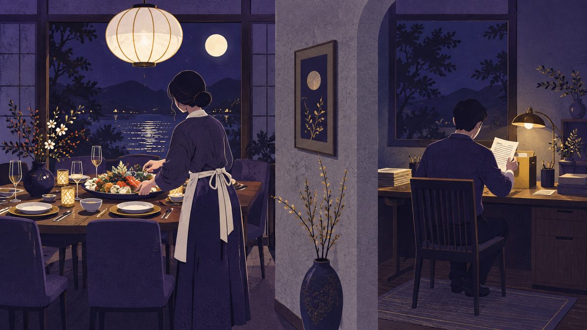家事の分担の場面。来客のもてなしで料理を大皿に盛りつける人と、隣の部屋で書類をファイルにしまう人