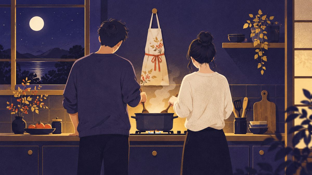 二人とも料理が得意で、休日の台所でどちらの味付けにするかでもめる場面。コンロの鍋の前に二人が立ち、壁のフックに1枚のエプロンがかかっている