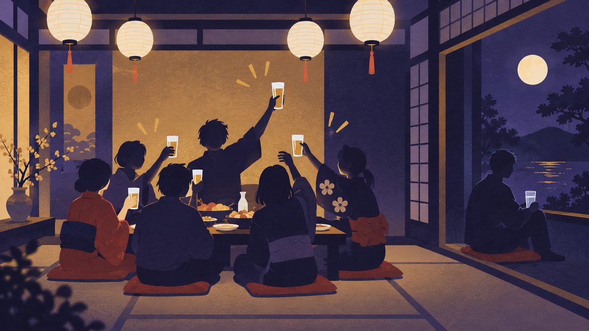 飲み会での付き合い方の違い。提灯の下で輪の中心でグラスを掲げる人と、部屋のはしの窓ぎわで水の入ったグラスを持ち、静かに様子を見ている人