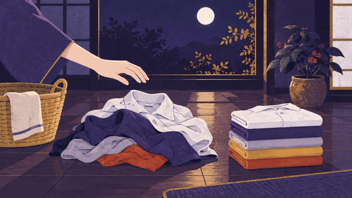家事の担当分けの場面。ゆるくたたまれたシャツの山の横に、きっちりたたまれたシャツの山があり、手が直しかけて止まっている