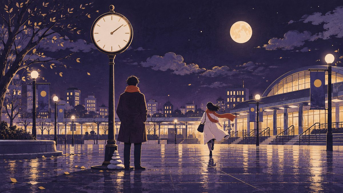 駅前の数字のない大時計の下で、待っている人の足もとに小石が少しずつ積み上がり、遠くから相手が走ってくる場面