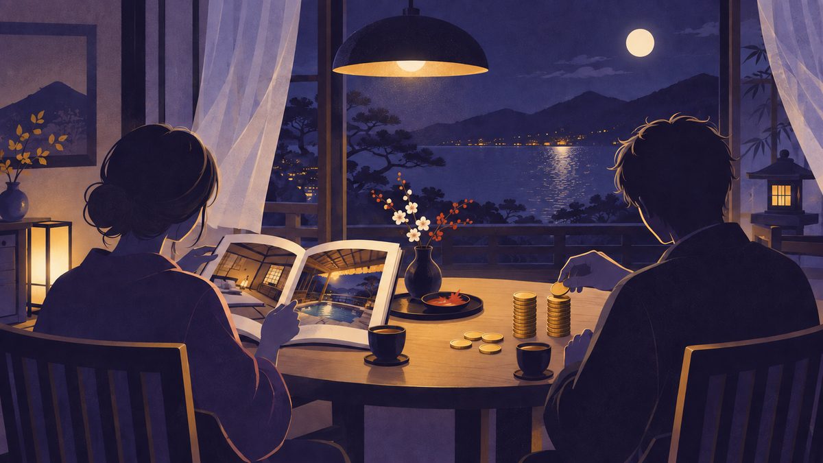 旅行の計画中、一人はおしゃれな宿の写真集をめくり、もう一人はテーブルで小銭をきっちり2つの山に分けている場面