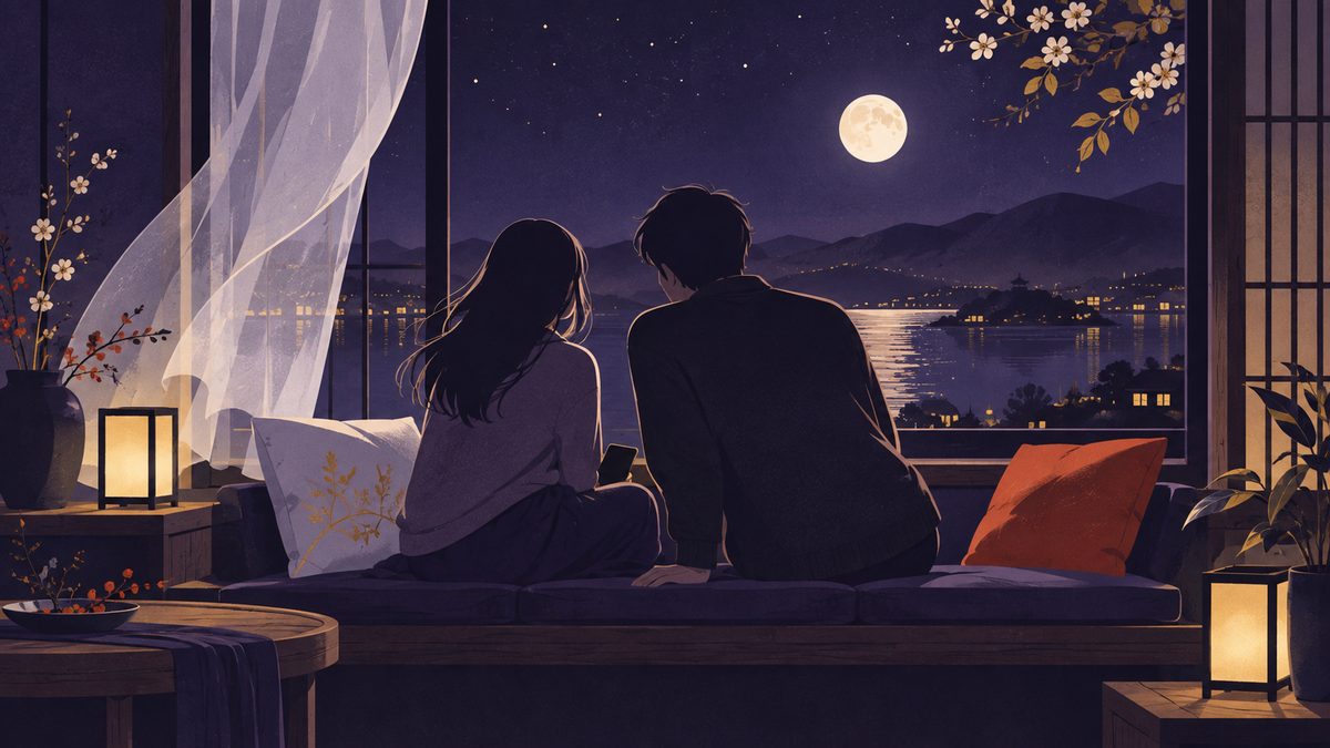 窓辺で一人で座っている相手に、もう一人がとなりに腰かけて「最近どう?」と声をかけている場面