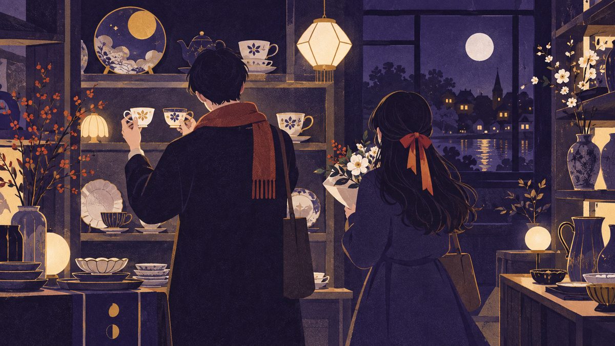食器店で友人の結婚祝いを選ぶ二人。一人は2つの湯のみを見くらべ、もう一人は小さな花束を胸にかかえて相手の笑顔を想像している