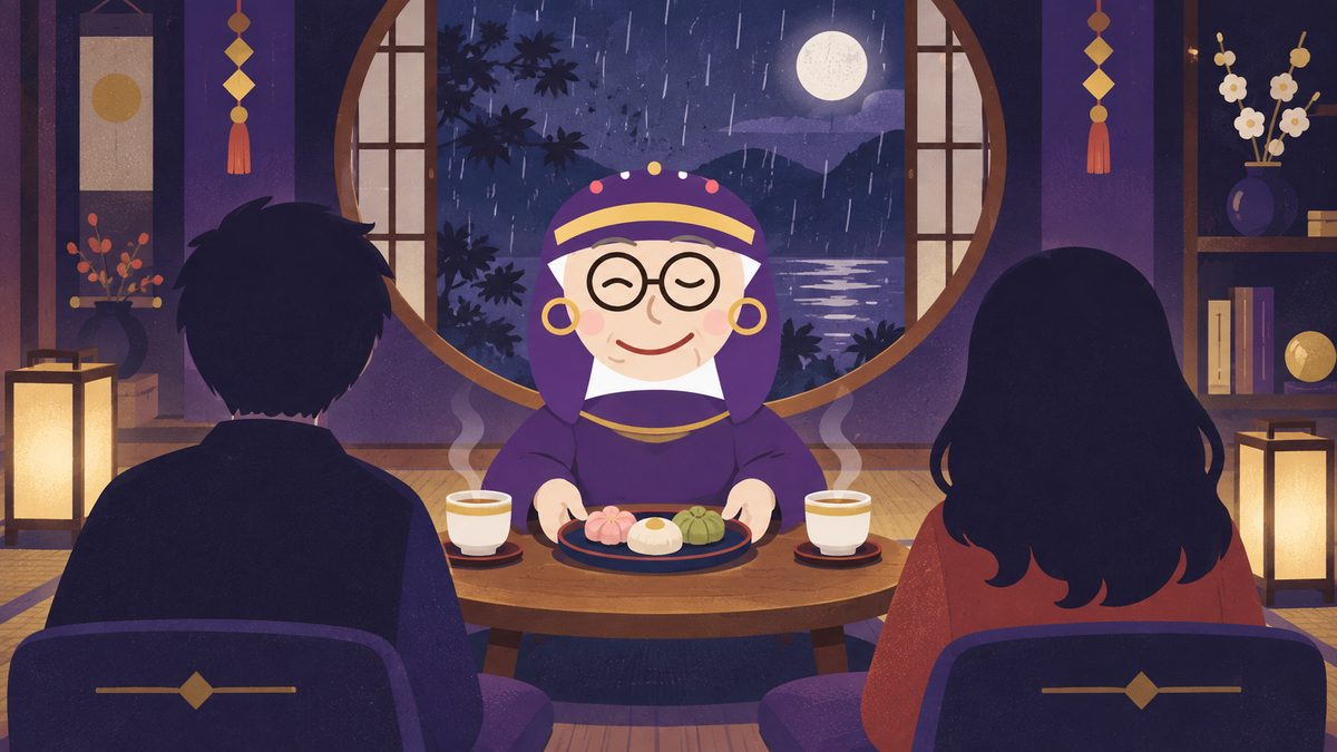 少し離れて座る二人のあいだの低いテーブルに、占いババアがお菓子のお皿と温かい飲み物を2つ置いている場面