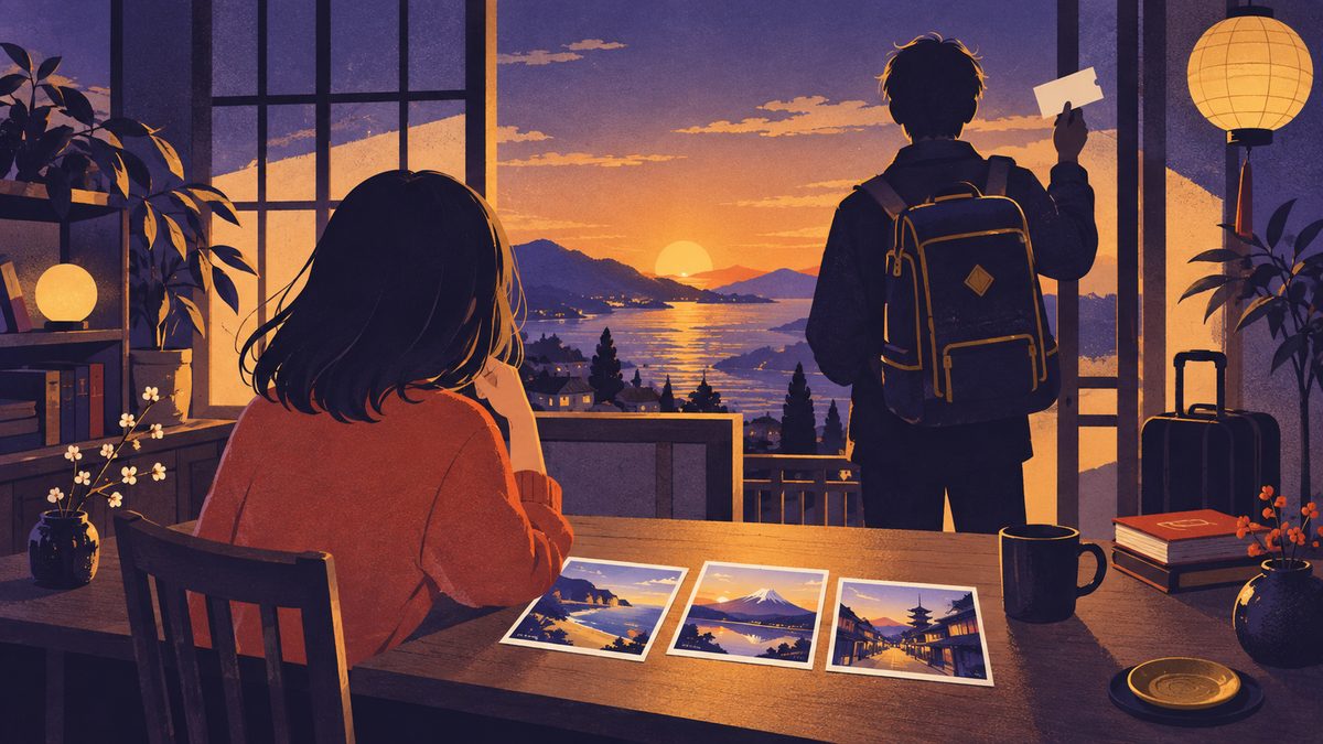 てんびん座が旅先の絵はがき3枚を並べて迷っているあいだに、いて座はもうリュックを背負って切符を手にしている場面