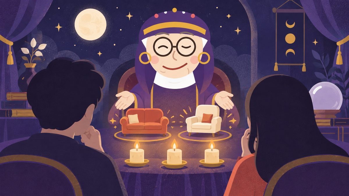 占いババアの前にろうそくが3本ともり、その横で二人がソファとひじかけ椅子の小さな模型を前に、期限を決めて選んでいる場面