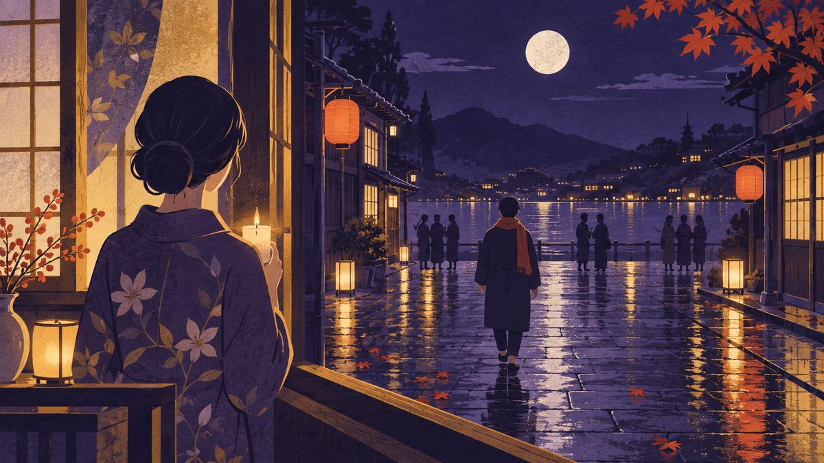 てんびん座が提灯の並ぶにぎやかな通りの人の輪へ出かけ、さそり座は家の窓辺にろうそくを一本ともして見送っている場面