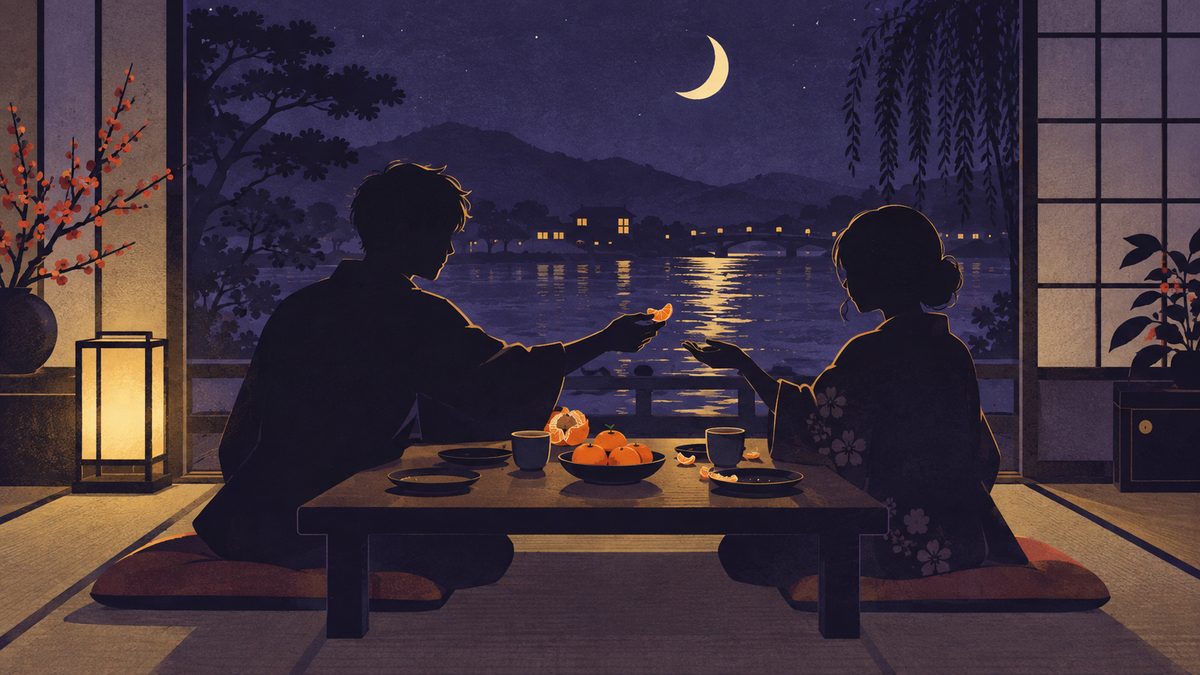 夕食のあと、低いテーブルで片方がみかんをむいて相手に差し出し、近況を話している場面。窓の外に川と三日月