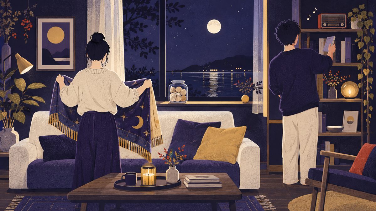 休日に好きな音楽を流しながら、二人で部屋を片づけている結婚生活の場面