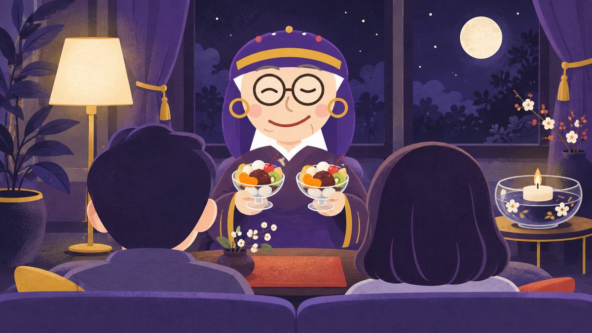 仲直りの合図に、占いババアが二人の前に好きなデザートを二つ差し出している場面。二人はソファに並んで座っている