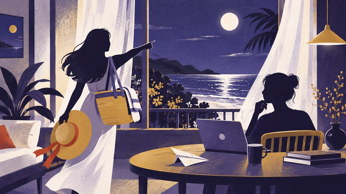 「明日、海に行こう」とビーチバッグと麦わら帽子で誘ういて座と、テーブルでほおづえをついて行く理由を考えているみずがめ座の場面