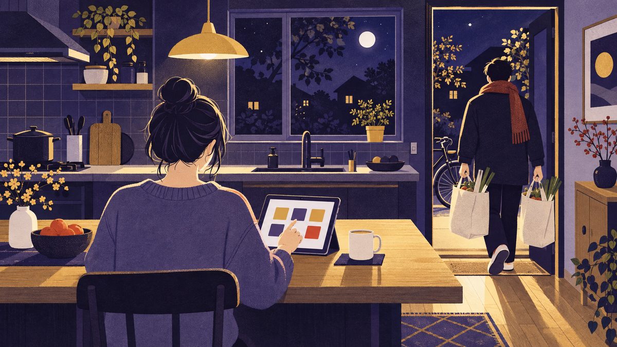 みずがめ座がタブレットで家事の分担表をつくり、いて座が自転車で買い出しから帰ってきた台所の場面