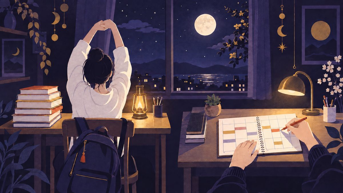 資格の勉強を始める場面。左は申し込みだけ済ませて教材の山がそのままの机、右は週ごとの色ブロックで計画表を書き込む机