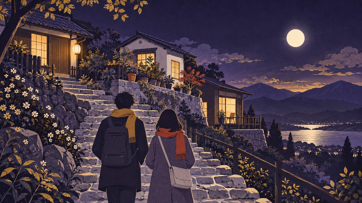住まい選びで候補を三つにしぼり、二人で石畳の坂道を歩いて見に行く場面
