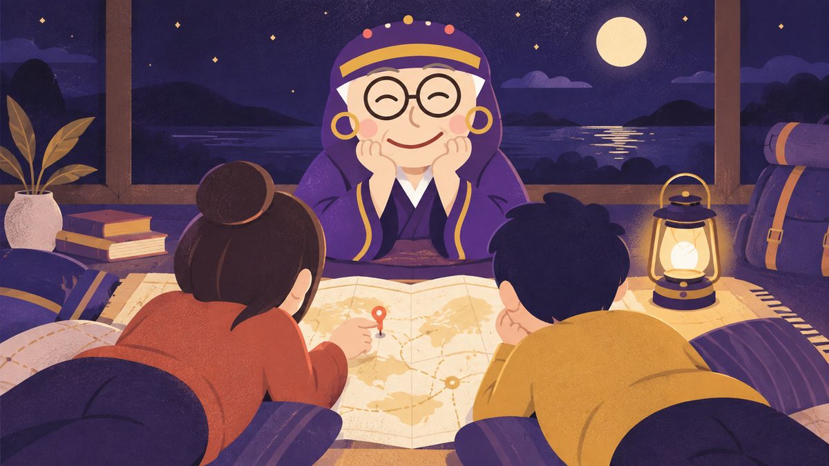 仲直りのあと床に大きな地図を広げて次の旅先を話す二人を、占いババアがうれしそうに見守っている