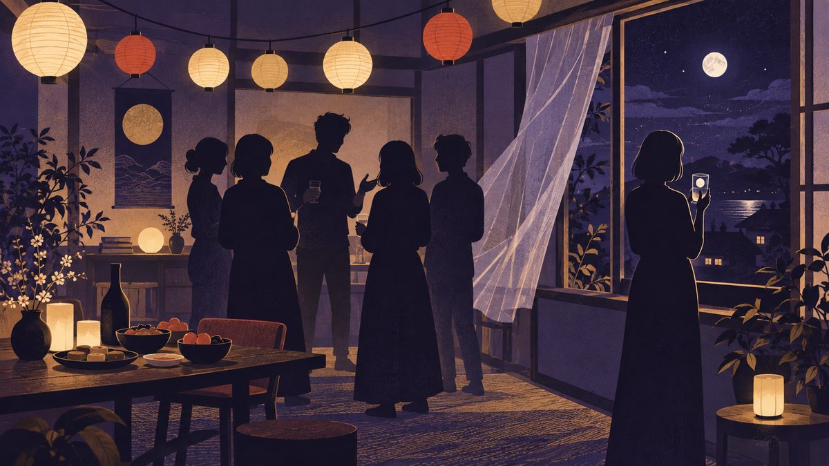 小さなパーティーで、みずがめ座が部屋の真ん中でいろいろな人と楽しそうに話し、さそり座が窓ぎわで一人グラスを持って立っている場面