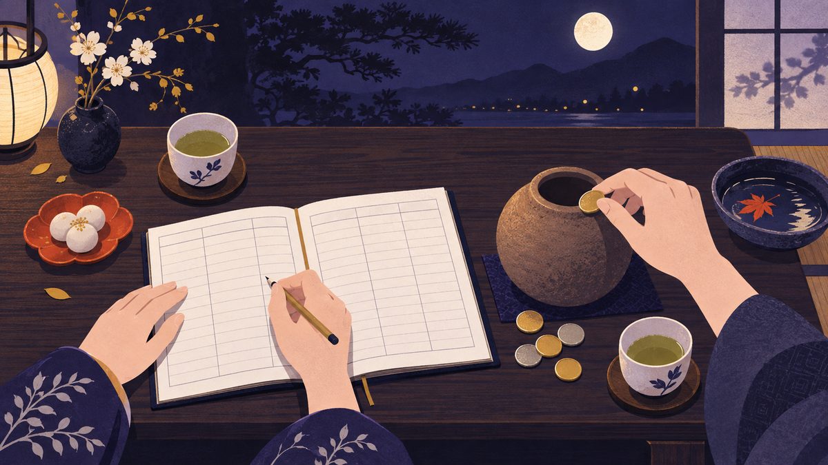 月に一度、家計を見ながら二人で話す時間。ちゃぶ台の上に開いた家計ノートと土の貯金壺、二人の手元