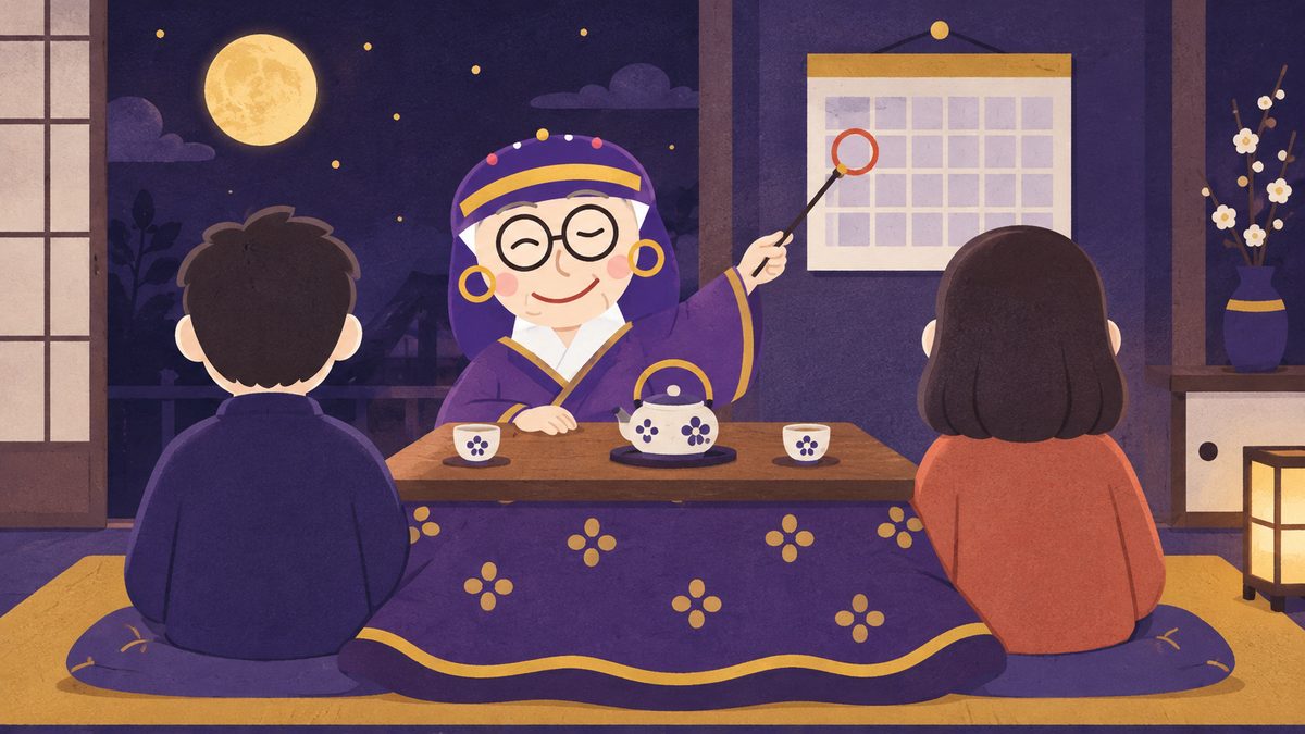 ケンカのあと口をきかない二人に、占いババアが壁のカレンダーの日曜の夜を指して「その日に話しなさい」と促している