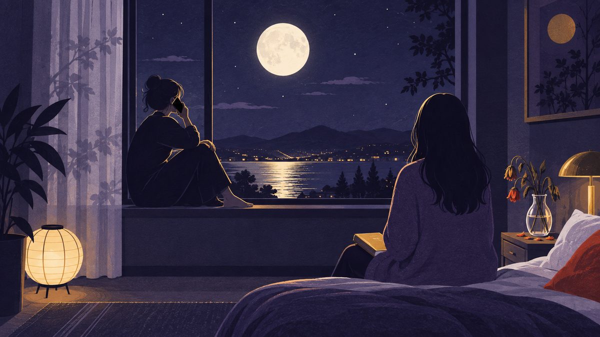 うお座が夜遅くまで友人の相談の電話に付き合い、さそり座がベッドの上で本を閉じて待っている場面