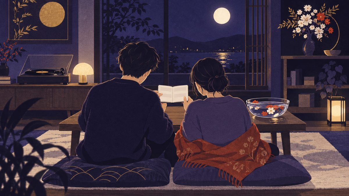 花と音楽のある落ち着いた部屋で、月末に二人で一冊の通帳をのぞきこんでいる結婚生活の場面