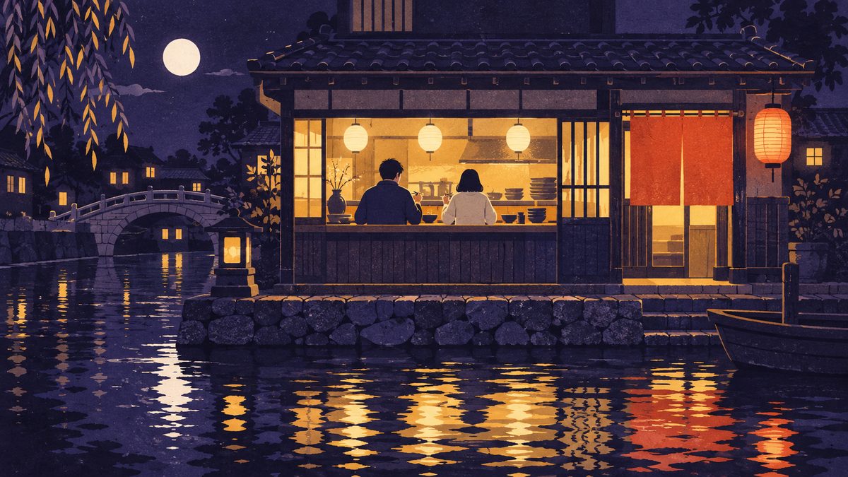 仲直りのあと、川沿いの二人の好きな小さな店で並んで食事をしている場面