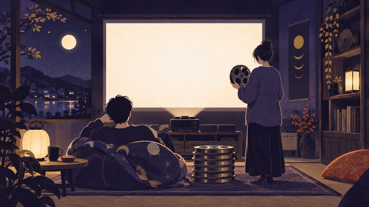 さそり座はクッションに深く座って同じ監督のフィルムを積み上げて見入り、いて座は別のフィルムを手に次へ変えようとしている場面