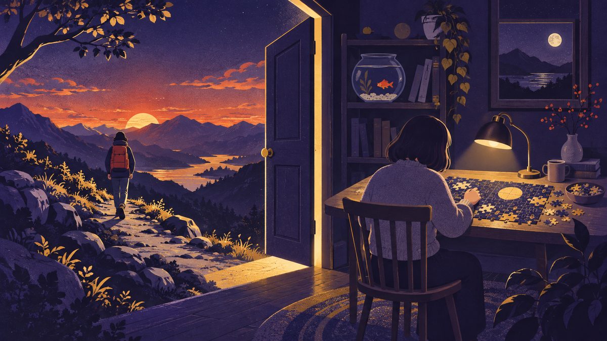 土曜は外、日曜は家。左に夕焼けの山道をリュックで歩く人、右に灯りの下でジグソーパズルに集中する人