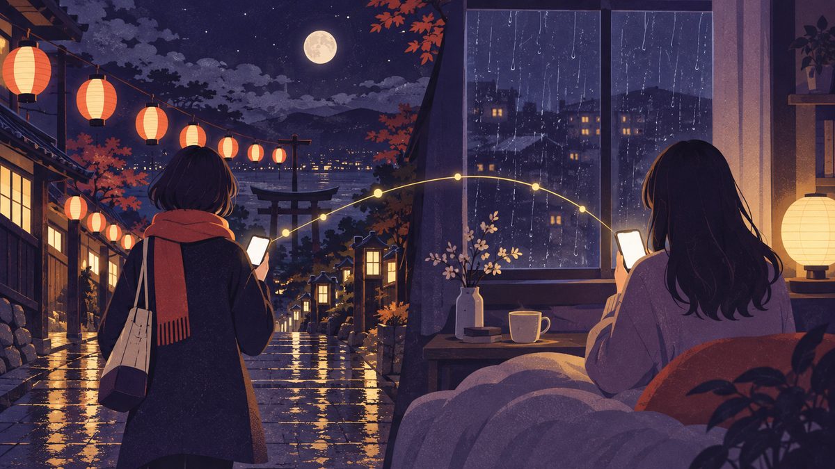 友人と出かけた帰り道、いて座が提灯の下でスマホから一言送り、家ではさそり座が雨の窓辺でその光るスマホを受け取っている場面