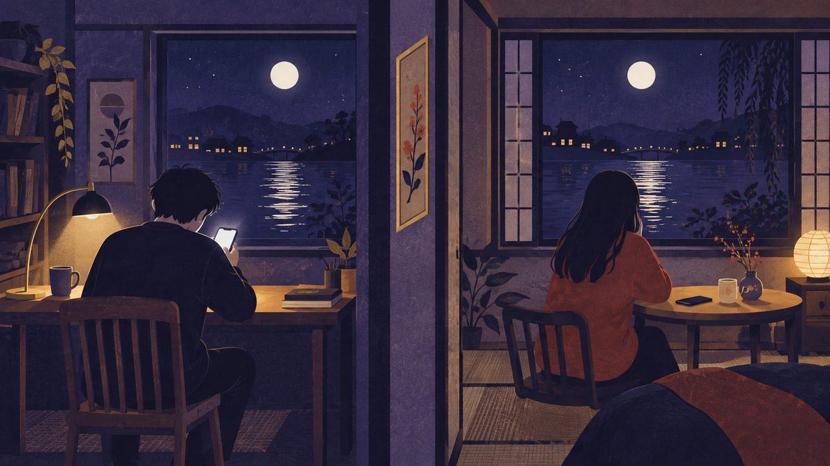 返信が来ない夜、左の部屋の人は光るスマホで何度もメッセージを送り、右の部屋の人はスマホを伏せて背を向けている場面