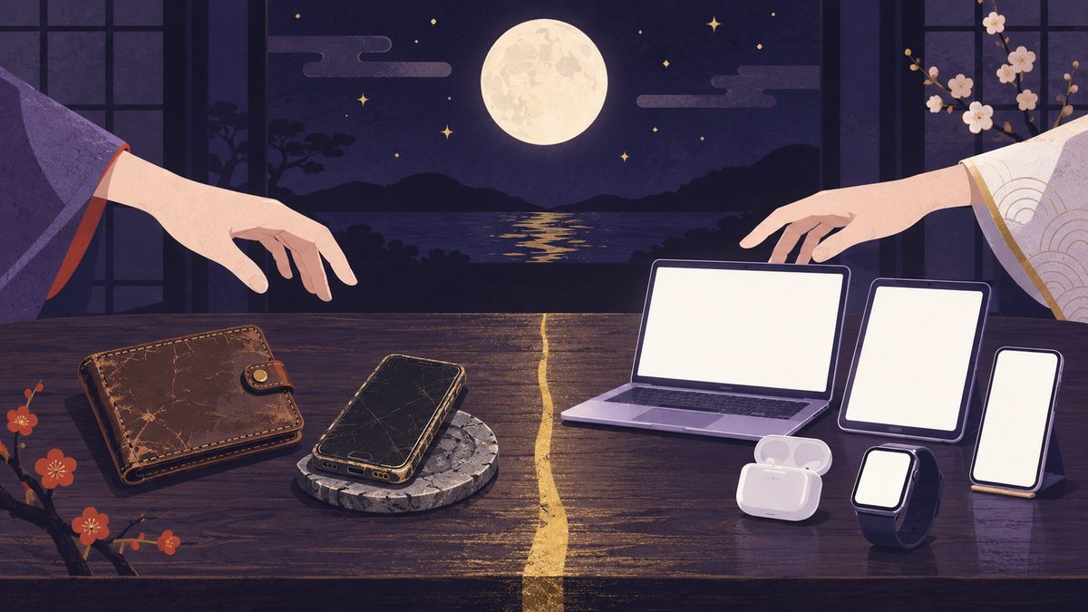 物との付き合い方の違い。使いこんだ革の財布と古いスマホ、その横に新しいガジェットが並ぶテーブル