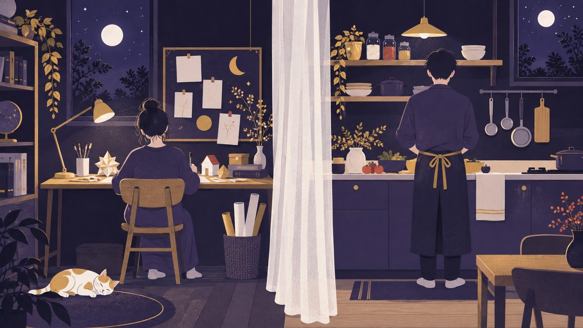 家の中にそれぞれのルールの場所をつくる場面。紙の模型が並ぶ机のコーナーと、整ったキッチンをカーテンで分けた部屋