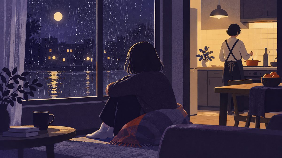 気持ちの動き方の違い。雨の窓辺でひざを抱える人と、それに気づかず台所でいつもどおり鍋をかき混ぜる人の後ろ姿