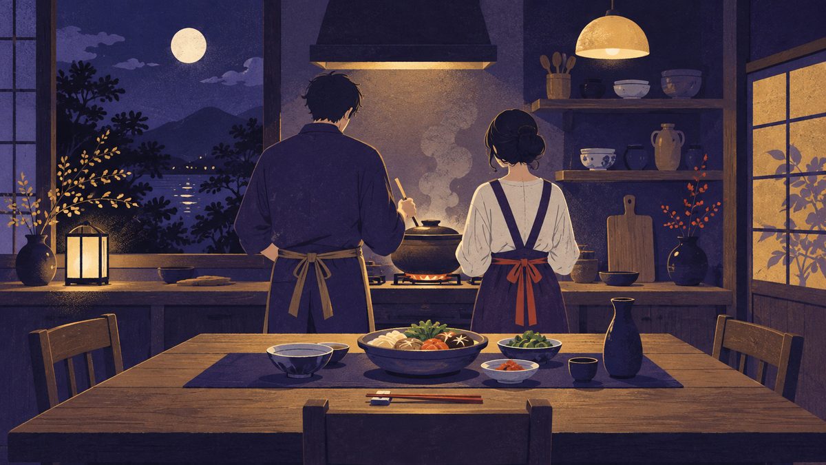 休日に二人で台所に立ち、時間をかけて煮込み料理をつくる場面。奥に長く使う木のダイニングテーブル