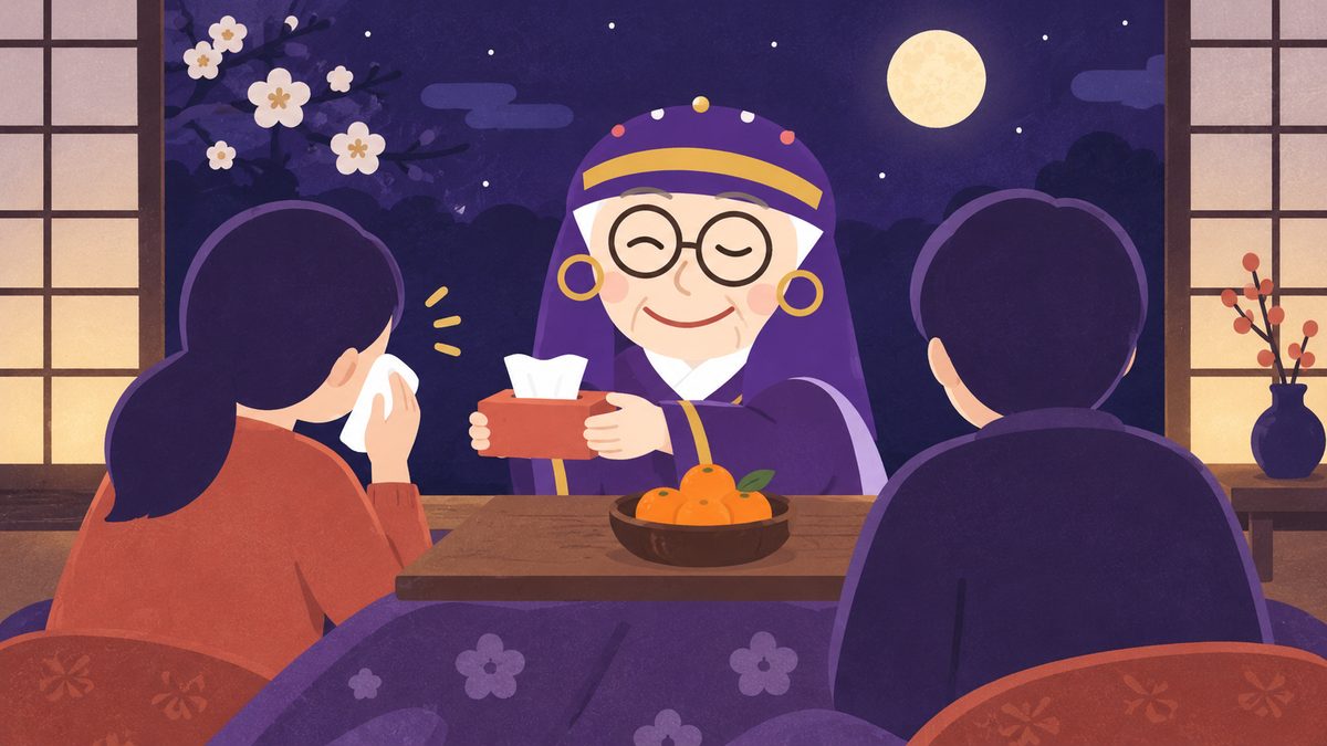 ためていた不満をかに座が打ち明け、おうし座が先に話を聞く場面。こたつの横で占いババアがティッシュ箱をそっと差し出し、うなずいている