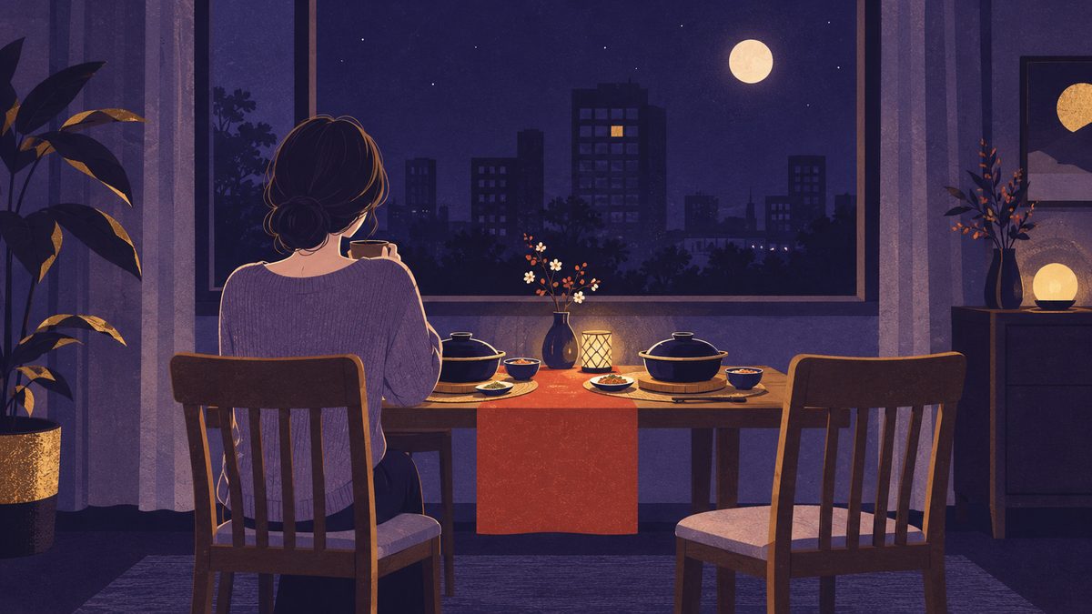 やぎ座の残業で夕食の時間がずれる場面。二人分の夕食にふたをした食卓と空いたいす、窓の外に1つだけ明かりのついたビル