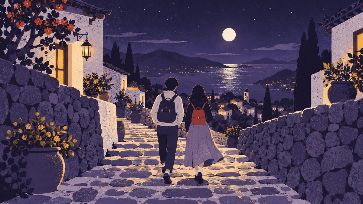 計画どおりの暮らしから一歩出て、行ったことのない土地へ旅行する場面。夕暮れの見知らぬ石畳の坂道を歩く二人の後ろ姿