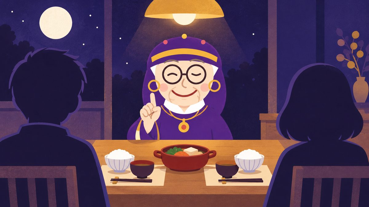 冷戦を終わらせる約束。ケンカした日の夕食の席で、占いババアが人差し指を立てて「一言話そう」と促している