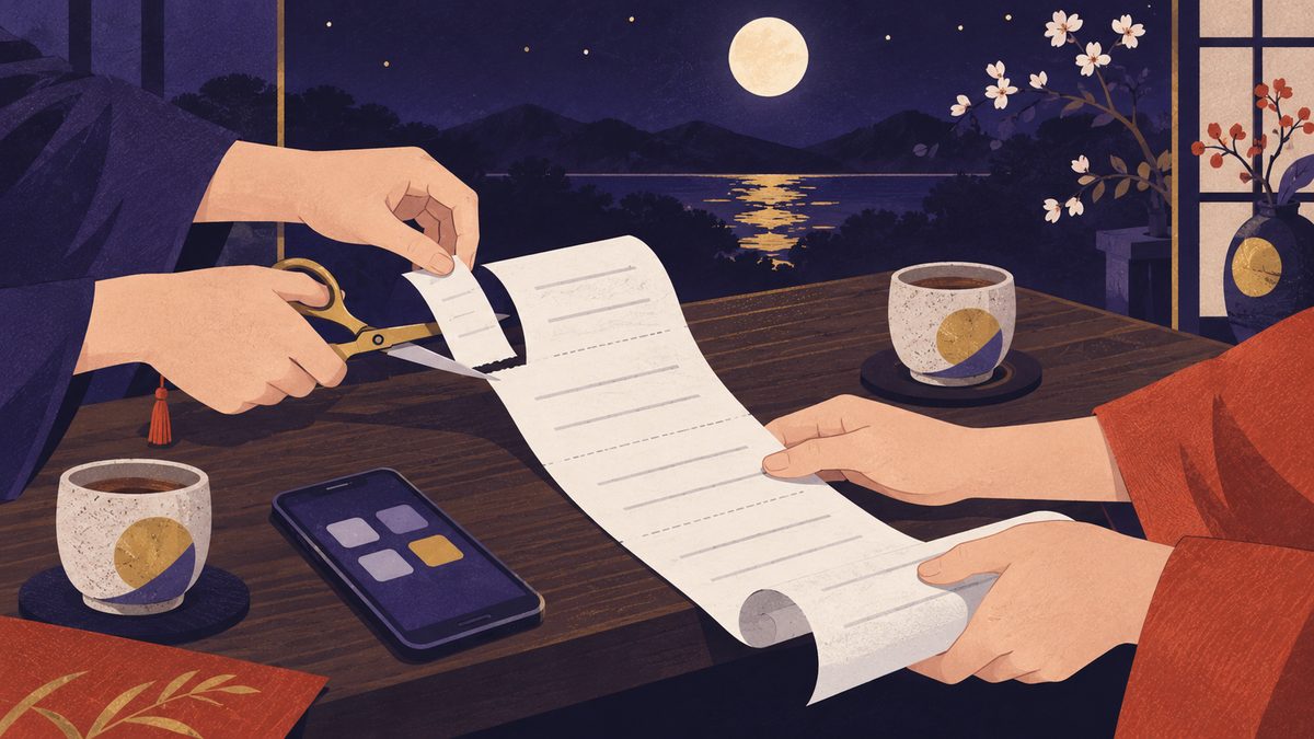 月に一度、二人で支払いの一覧を見て使っていないサービスを解約する場面。低いテーブルの上の長い明細の紙と、はさみを持つ手元