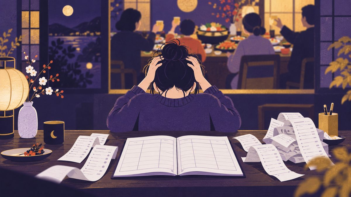 親戚の集まりの食事代をしし座が払い、あとでおうし座が家計簿を見て頭を抱える場面。開いた家計簿とレシートの束、奥ににぎやかな宴会の食卓